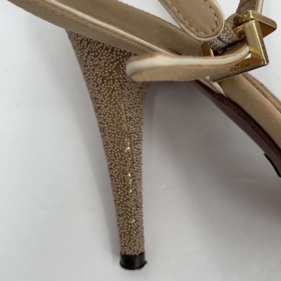Hugo Boss tan satin ankle wrap sandal shoe champagne beaded heel platform 37.5 7 - Picture 8 of 9